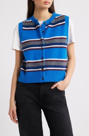 Damson Madder Sofie Stripe Merino Wool Button-Up Vest in Blue at Nordstrom, Size 16 Us