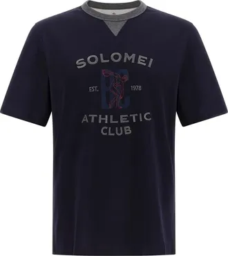 Brunello Cucinelli Tops, Heren, Blauw, M, Katoen, Katoenen jersey T-shirt met Solomei Athletic Club print
