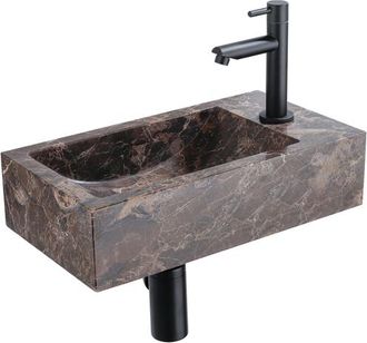 Saniclass Fuente Fonteinset - 40x22x10cm - kraangat rechts - fonteinkraan mat zwart - afvoerplug - verlaagd sifon - Dark Emporador