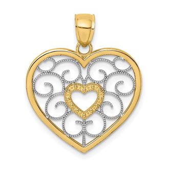 Diamond2Deal 14k Yellow Gold and White Rhodium Filigree Heart Charm Pendant