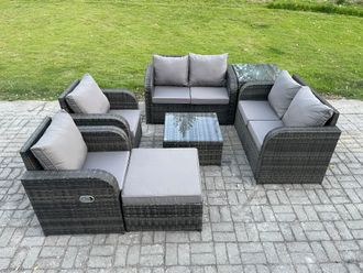Fimous 7 Seater Rattan Sofa Set Outdoor Garden Furniture Set with Square Coffee Table Loveseat Sofa Reclining Chairs Side Table Big Footstool