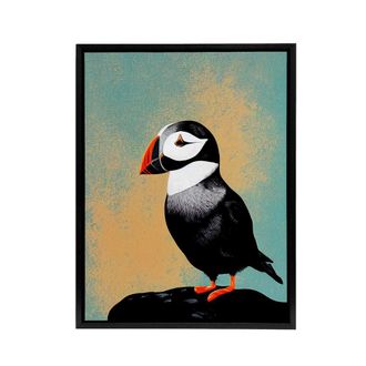 Artery8 Cute Puffin Bird On Rock Framed Canvas Wall Art Print | Size: W24 x H32