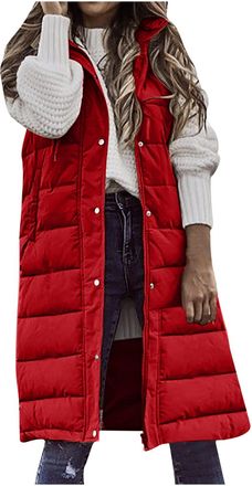 Generic Long Gilet Winter Warm Zip Up Jacket Gilet for Women UK Parka Sleeveless Hooded Coat Womens Vest Puffer Thermal Thick Outwear with Pocket Womens Waist