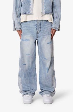 mnml Skeleton Distressed Ultra Baggy Jeans in Washed Blue at Nordstrom, Size 28