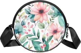 Generic Circle Crossbody Bag for Women, Floral Leaves Small Sling Bag Daypack with Zipper Adjustable Shoulder Straps Casual Ladies Girls Round Purse