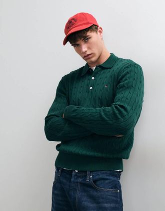 Tommy Hilfiger polo a maniche lunghe in maglia a trecce verde scuro
