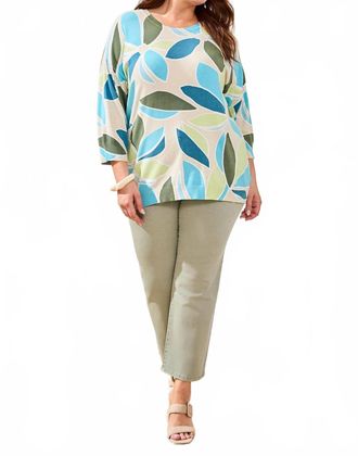 Tribal Printed Three-Quarter Sleeve Crew Neck Sweater In Aqua Sky