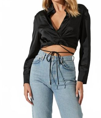Astr Perry Satin Wrap Front Tie Waist Top In Black
