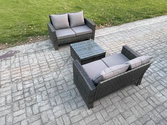 Fimous Rattan Garden Furniture Set 3 piece Patio Rattan Furniture Sofa Weaving Wicker includes 2 Double Seat Sofa & Coffee Table in Dark Grey