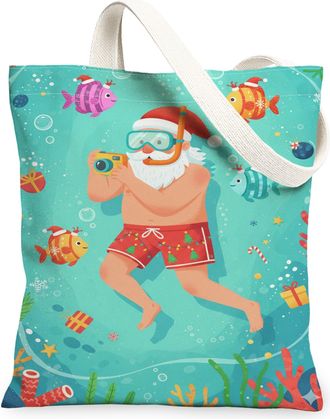 Generic Christmas Ocean Canvas Tote Bags, Playful Fish Pattern Reusable Shopping Bags, Summer Lightweight Washable Shoulder Strap C, Blue, 13x15 Inch
