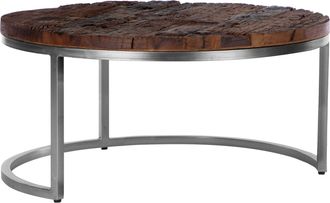WOMO-DESIGN Womo-design - Mesa De Centro Redonda Surabaya &Oslash; 70 X 35 Cm Hecha A Mano &Uacute;nica De Madera De Acacia Maciza Acabado Natural / N&iacute;quel Mesita Auxiliar De C