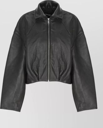 Rotate cropped leather coat lace detail neckline