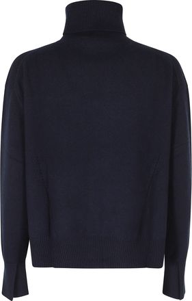Semicouture High Neck Blue Dahlia Sweater with Side Slits and Ribbed Trim