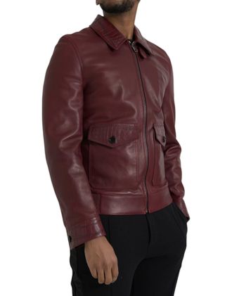 Dolce & Gabbana Mens Maroon Exotic Leather Zip Biker Coat Jacket Clothing
