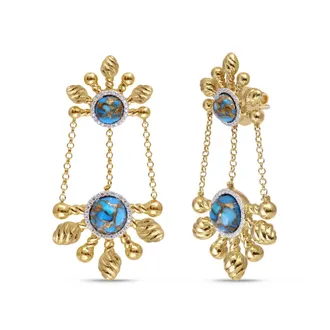 LuvMyJewelry Sunny Cascade Design Yellow Gold Plated Silver Turquoise Gemstone Diamond Earring