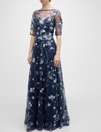 Teri Jon Metallic Embroidered Tulle Gown