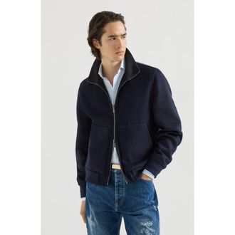 Brunello Cucinelli Hand-crafted reversible bomber jacket in cashmere Prince of Wales flannel double cloth in Blue at Nordstrom, Size 56