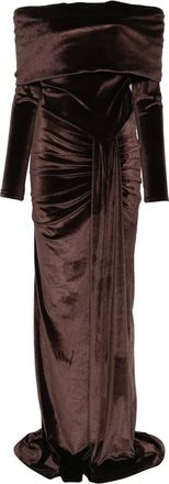 Miau by Clara Rotescu off-shoulder draped maxi dress - women - Silk/Polyamide/Elastane - 38 - Brown