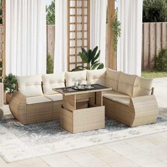 vidaXL Vidaxl - Set Sof&aacute;s De Jard&iacute;n 7 Piezas Y Cojines Rat&aacute;n Sint&eacute;tico Beige
