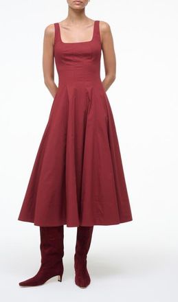 Staud Wells Stretch Cotton Fit & Flare Midi Dress in Sangria at Nordstrom, Size 10