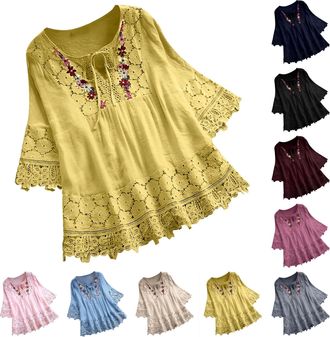 Generic Elegant Tops for Women Uk Boho Tops for Women Uk Cotton Linen Floral Embroidered Blouse 3/4 Sleeve Summer Bohemian Tunic Tees Floaty Elegant Breathabl