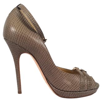Jimmy Choo London Textured Peep-Toe Ankle Strap Pumps in Brown Leather