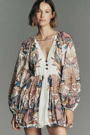 Farm Rio Sea Garden Long-Sleeve Plunge Mini Dress