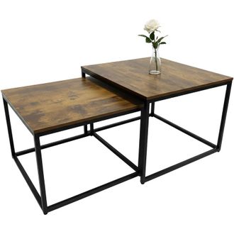 Relaxdays Relaxdays Set di 2 tavolini quadrati, design industriale, 65/75 cm, effetto legno, metallo, marrone/nero