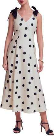 Boden Bow Detail Linen Empire Waist Dress in Ivory Painted Dot Spaced at Nordstrom, Size 10