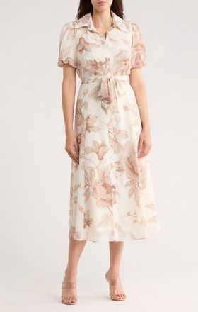 Sandra Darren Floral Puff Sleeve Shirtdress in White/Mocha at Nordstrom Rack, Size X-Large