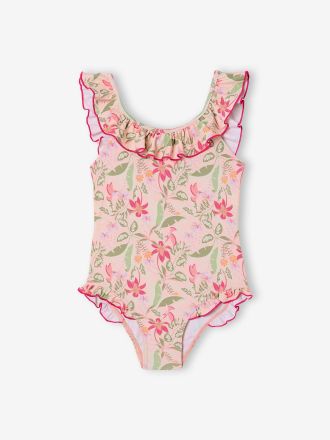 Vertbaudet Badeanzug mit R&uuml;schen und Tropenprint M&auml;dchen hellrosa