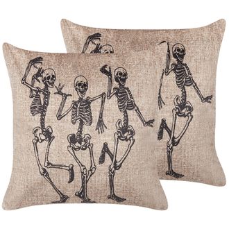 Beliani Conjunto De 2 Cojines De Terciopelo Beige Negro 45 X 45 Cm Esqueleto Mortesti