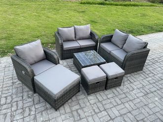 Fimous 7 Piece Garden Furniture Sets 6 Seater Outdoor Patio Furniture Set Weaving Wicker Rattan Sofa Chair & Table with 3 Footstools in Dark Grey