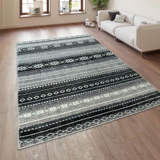 Paco Home Paco Home Alfombra Sal&oacute;n Moderna Pelo Corto Dise&ntilde;o &Eacute;tnico Geom&eacute;trico Gris Blanco 200x280 Cm
