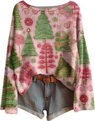 Generic Funny Christmas Jumper for Women, Long Sleeve Loose Fit Boat Neck Sweater Pullover, Festive Knitted Jumper with Multiple Designs for Holiday & Casual 