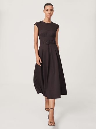 Reiss Womens Burgundy Petite Mesh-Panel Belted Pleated Midi Dress, Size: 10