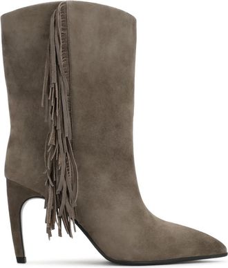 Kazar Taupe su&egrave;de enkellaarsjes met franjes en stilettohak - Dames - Laarzen met Hak - Beige - 35 EU - Su&egrave;de - Schoenen