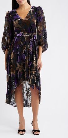 Eliza J Floral Burnout Velvet Puff Sleeve Midi Dress in Black Plum at Nordstrom, Size 14