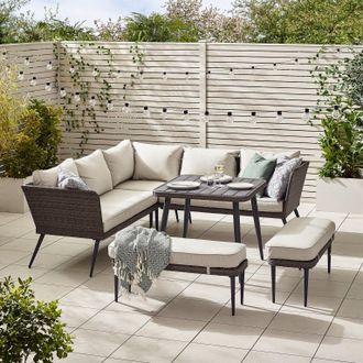 Furniturebox Seychelles 9 Seater Outdoor Garden Sofa Set - PE Rattan & Wood Effect Garden Sofa & Table - 5 Seater Corner Sofa, 2 benches, Garden