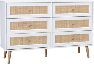 Sweeek C&oacute;moda de 6 cajones con efecto madera y ca&ntilde;a, blanco roto