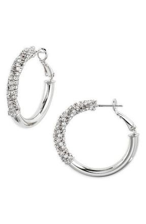 Nordstrom Polished Rhinestone Tube Hoop Earrings in Clear- Silver at Nordstrom Rack