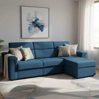 Dmora Sof&aacute; Cama Con Chaise Longue, Desenfundable, Con Almacenaje Made In Italy, Hidr&oacute;fugo, Multiposici&oacute;n, Azul 285x160 Cm