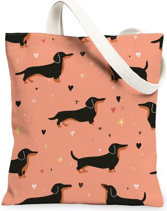 Generic Cute Dog Pattern Canvas Tote Bags, Playful Animal Design Reusable Grocery Bags, Lightweight Washable Shoulder Strap Canvas, Peach, 13x15 Inch