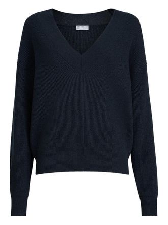 Brunello Cucinelli sparkling-detail ribbed V-neck sweater - Blauw