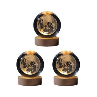 OEM 3 Luces Nocturnas De Cristal De Colores Con Bola De Cristal Tallada En El Interior, Adorno Luminoso, Regalo Estrellado Con Base De Madera, Luna