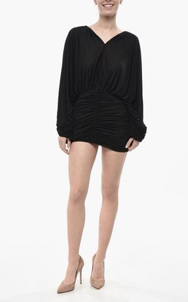 Saint Laurent Draped Viscose Minidress With Batwing Sleeves Saint Laurent