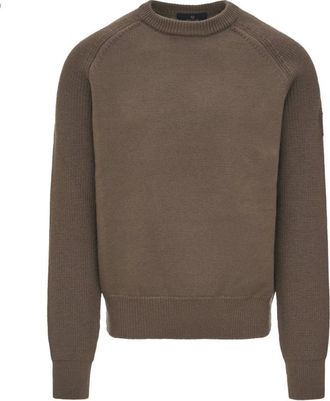 Belstaff Round-neck Knitwear, male, Brown, XL, Khaki Crewneck Jumper with Phoenix Patch