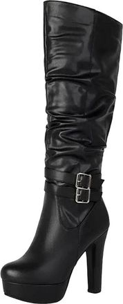 Generic Womens Sexy Platform Knee High Boots Round Toe Chunky Heel With Side Zipper Buckle And Pleated Shaft Detail