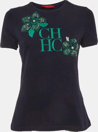Carolina Herrera Navy Blue Jersey Embroidered T-Shirt