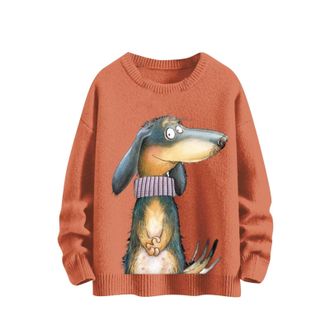 Generic 2024 Fashion Mens Sweatshirts Trendy Blouse Tops Funny Dog Print Pullover Knitted Sweater Mens Clothes Gifts for Lady (Orange, XL)